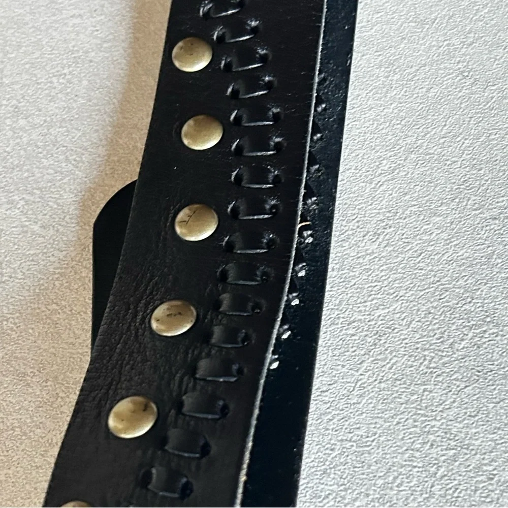 Linea Pelle Studded Black Leather Woven Belt Size XL 44”Length 1 7/8” Wide